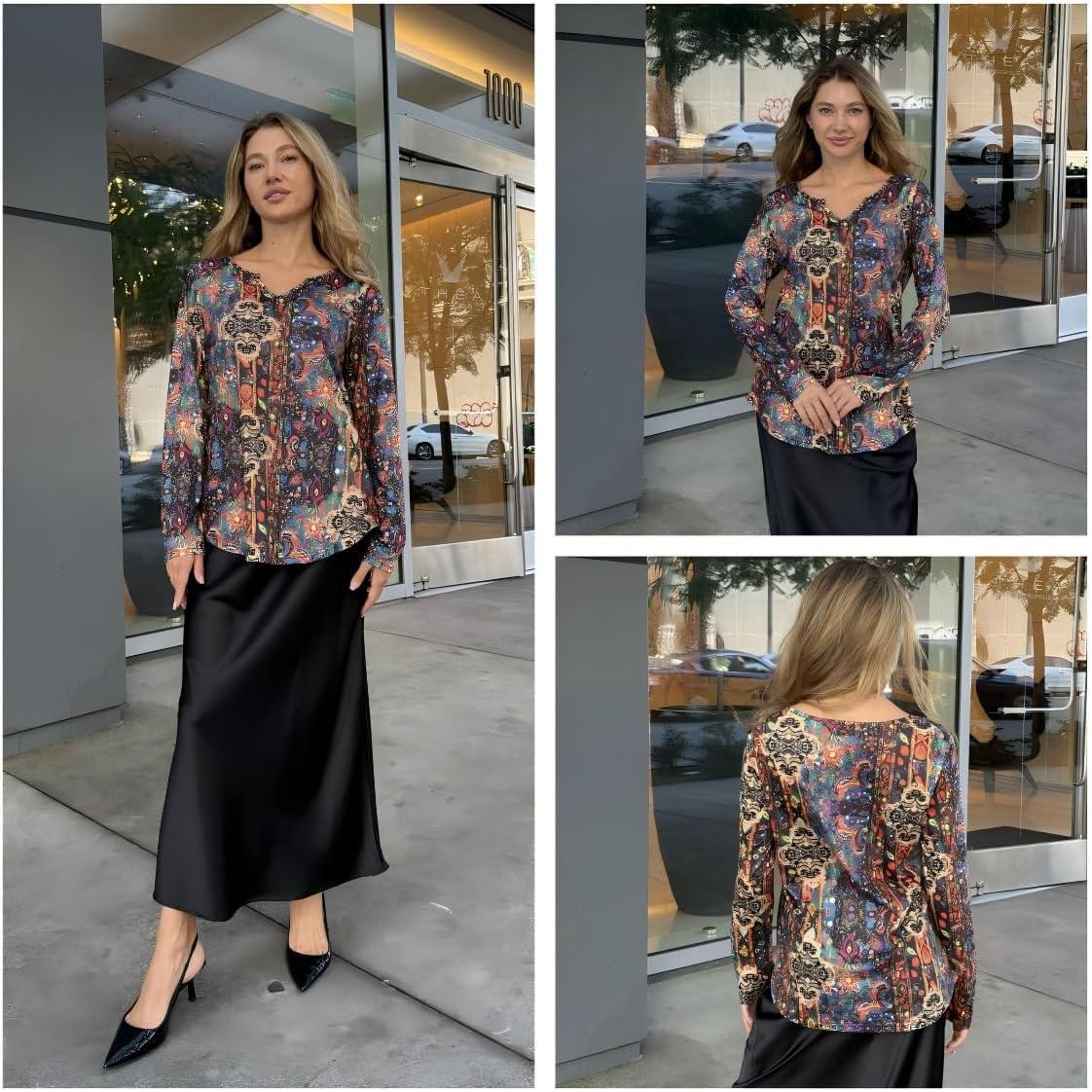 imageZeagoo Long Sleeve Shirts for Women Spring V Neck Tops Casual Dressy Blouse Boho Tunic Business Work Clothes School OutfitMz721 Boho