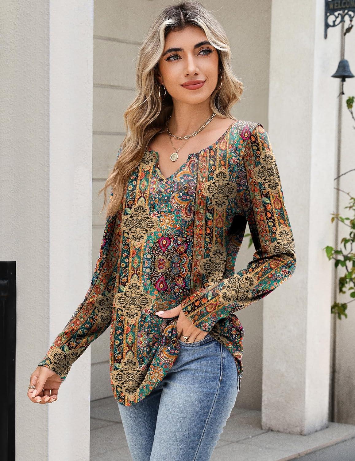 imageZeagoo Long Sleeve Shirts for Women Spring V Neck Tops Casual Dressy Blouse Boho Tunic Business Work Clothes School OutfitMz721 Boho