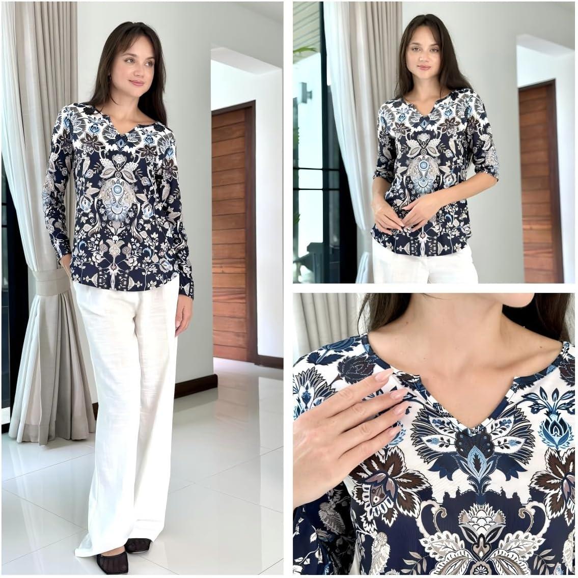 imageZeagoo Long Sleeve Shirts for Women Spring V Neck Tops Casual Dressy Blouse Boho Tunic Business Work Clothes School OutfitMz873 Boho