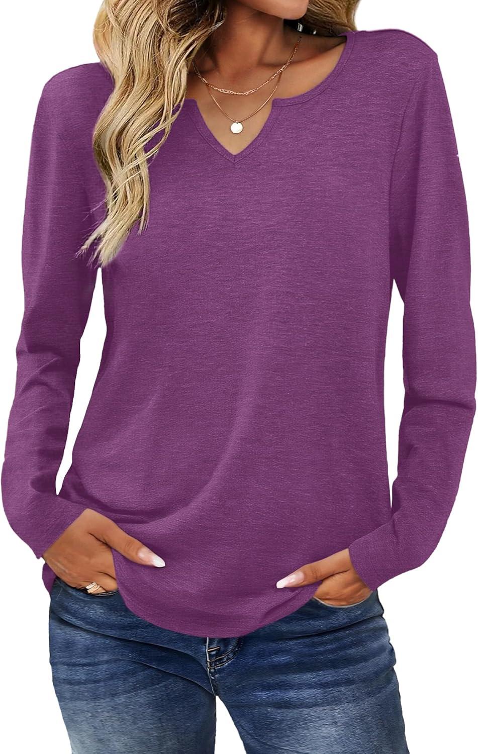 imageZeagoo Long Sleeve Shirts for Women Spring V Neck Tops Casual Dressy Blouse Boho Tunic Business Work Clothes School OutfitPurple