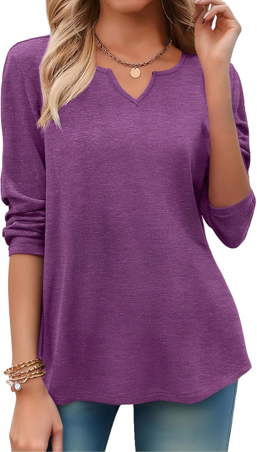 imageZeagoo Long Sleeve Shirts for Women Spring V Neck Tops Casual Dressy Blouse Boho Tunic Business Work Clothes School OutfitPurple