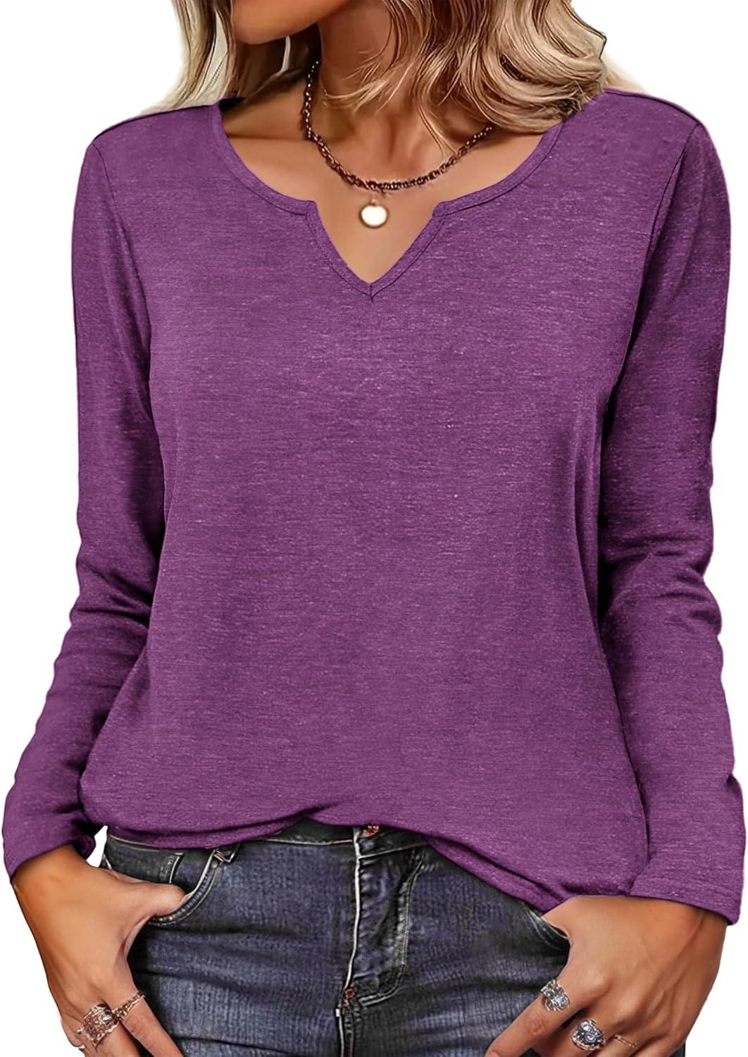 imageZeagoo Long Sleeve Shirts for Women Spring V Neck Tops Casual Dressy Blouse Boho Tunic Business Work Clothes School OutfitPurple