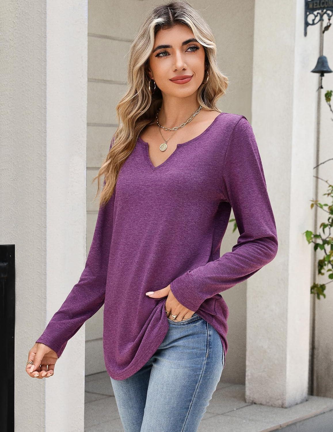 imageZeagoo Long Sleeve Shirts for Women Spring V Neck Tops Casual Dressy Blouse Boho Tunic Business Work Clothes School OutfitPurple