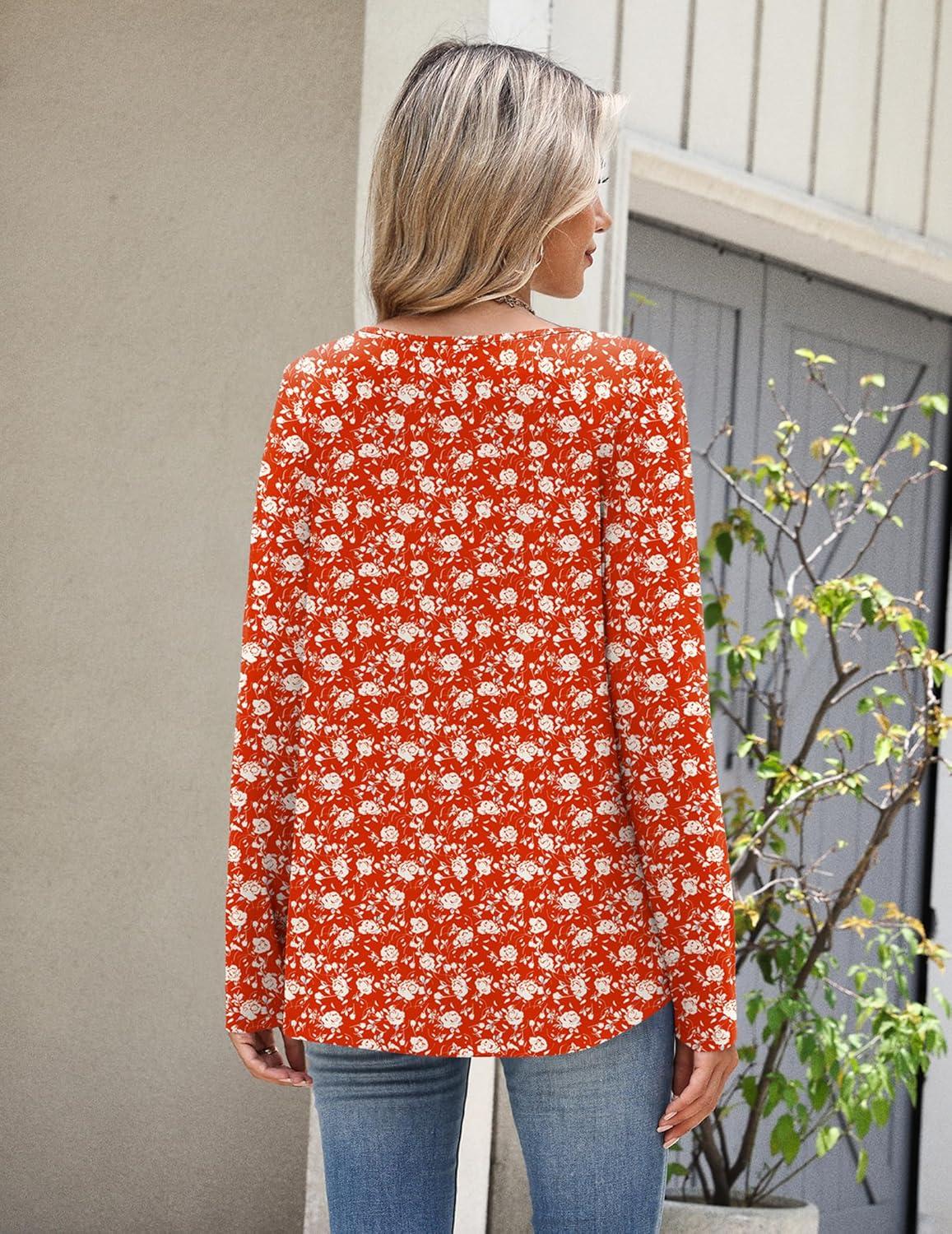 imageZeagoo Long Sleeve Shirts for Women Spring V Neck Tops Casual Dressy Blouse Boho Tunic Business Work Clothes School OutfitRed Floral
