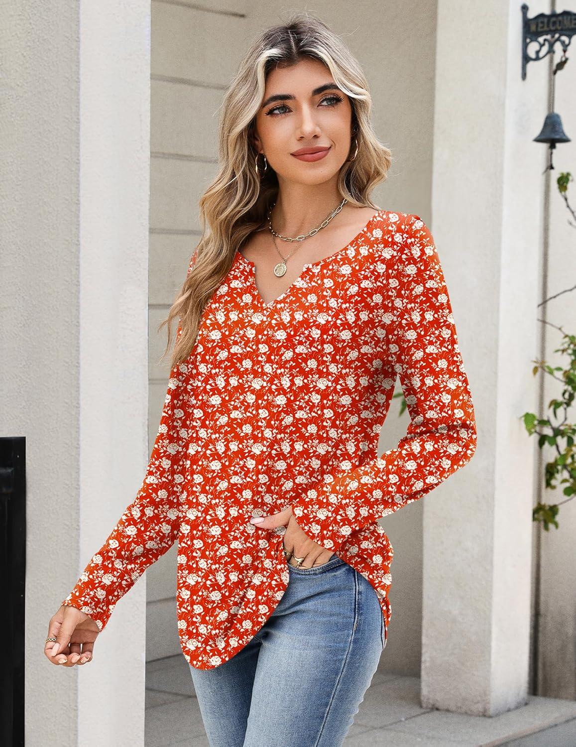 imageZeagoo Long Sleeve Shirts for Women Spring V Neck Tops Casual Dressy Blouse Boho Tunic Business Work Clothes School OutfitRed Floral