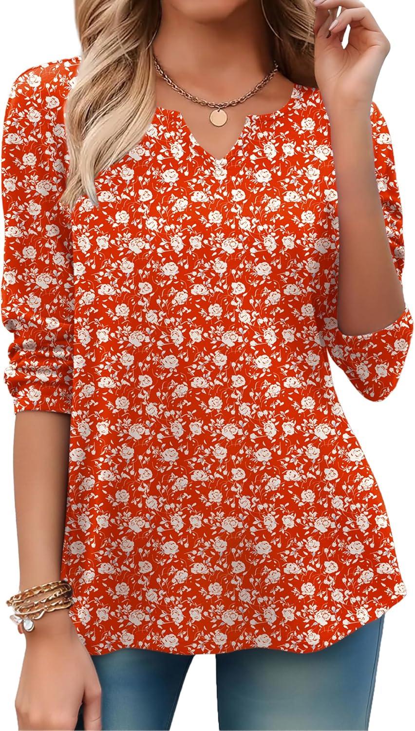 imageZeagoo Long Sleeve Shirts for Women Spring V Neck Tops Casual Dressy Blouse Boho Tunic Business Work Clothes School OutfitRed Floral
