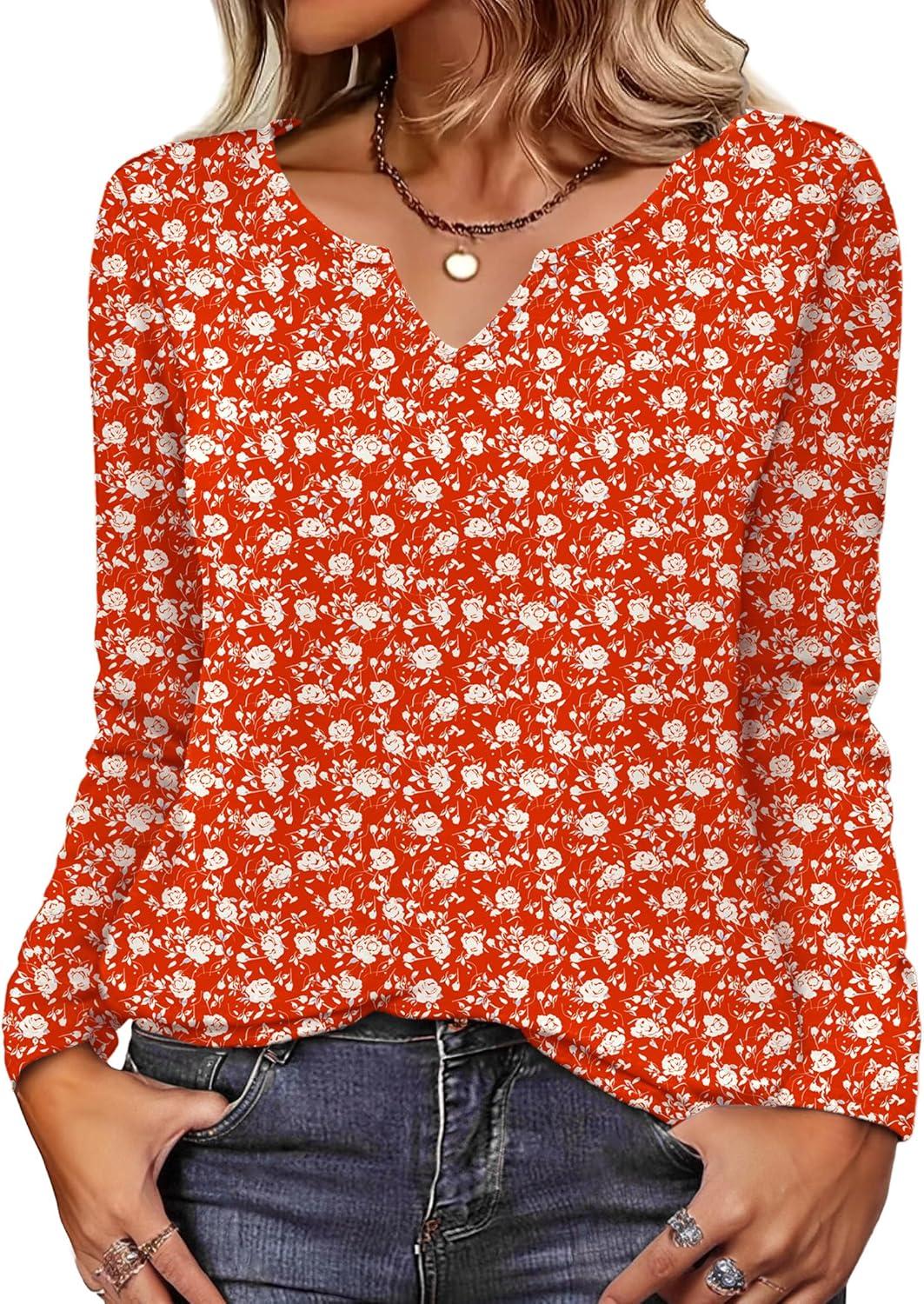 imageZeagoo Long Sleeve Shirts for Women Spring V Neck Tops Casual Dressy Blouse Boho Tunic Business Work Clothes School OutfitRed Floral