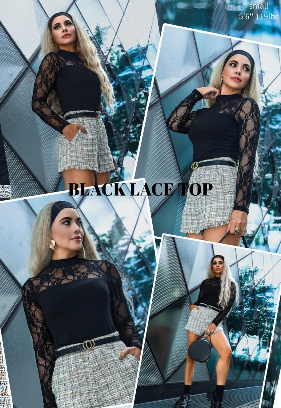 imageZeagoo Long Sleeve Shirts for Womens Lace Tops Mesh Sheer Crew Neck Shirts Sexy Spring Going Out BlouseBlack