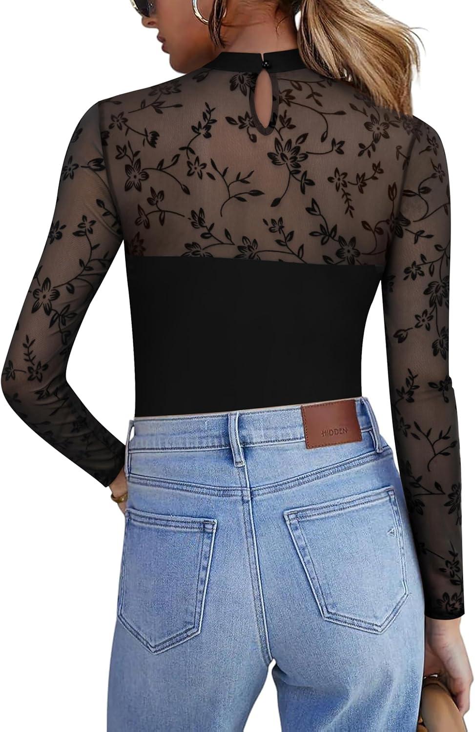 imageZeagoo Long Sleeve Shirts for Womens Lace Tops Mesh Sheer Crew Neck Shirts Sexy Spring Going Out BlouseBlack Flowerspat4