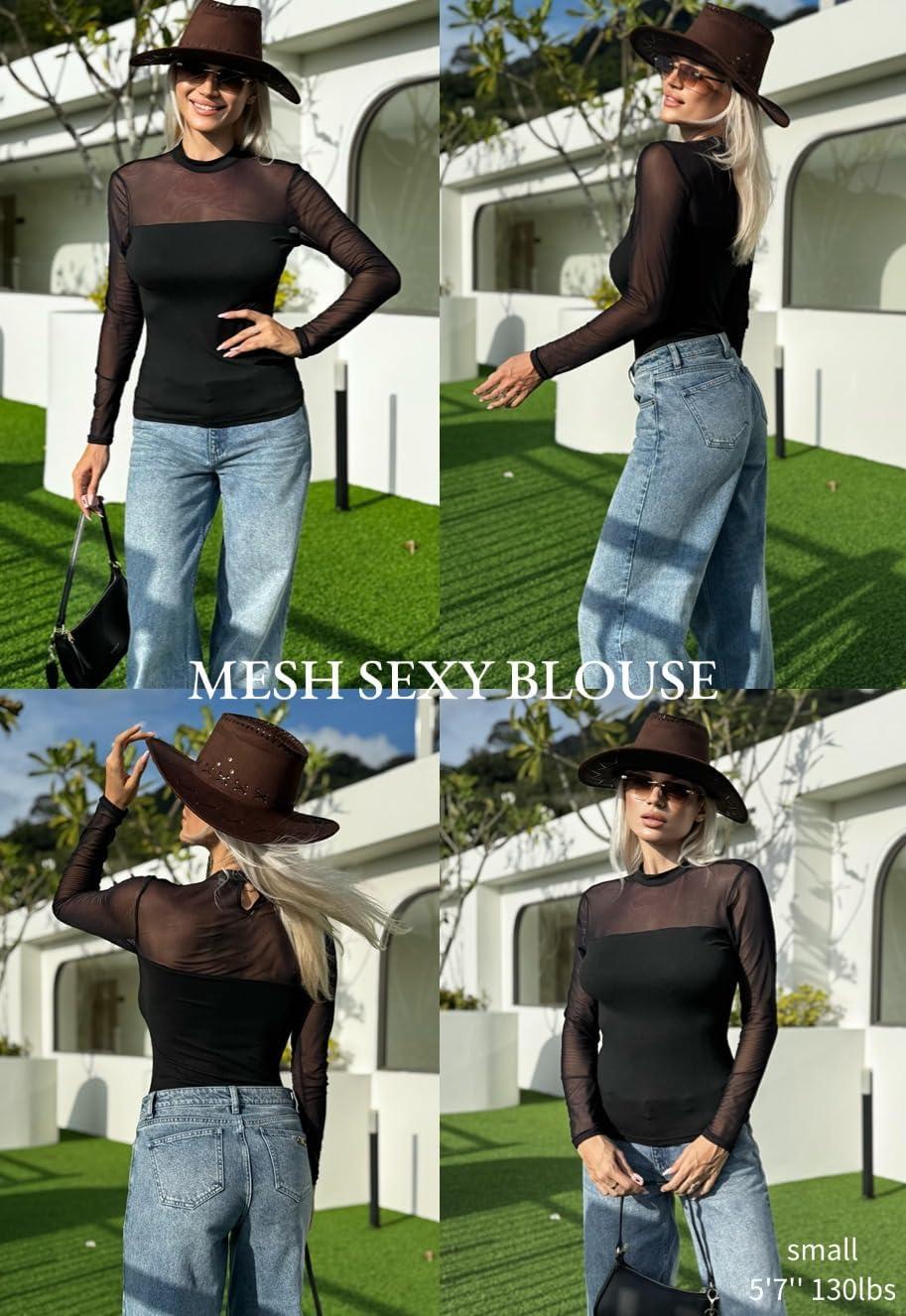 imageZeagoo Long Sleeve Shirts for Womens Lace Tops Mesh Sheer Crew Neck Shirts Sexy Spring Going Out BlouseBlackpat1