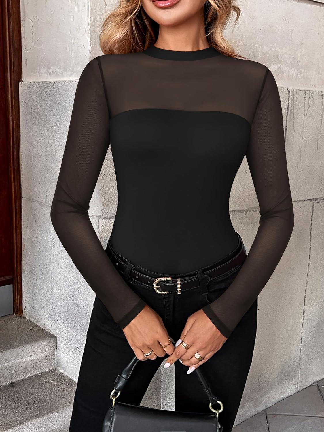 imageZeagoo Long Sleeve Shirts for Womens Lace Tops Mesh Sheer Crew Neck Shirts Sexy Spring Going Out BlouseBlackpat1