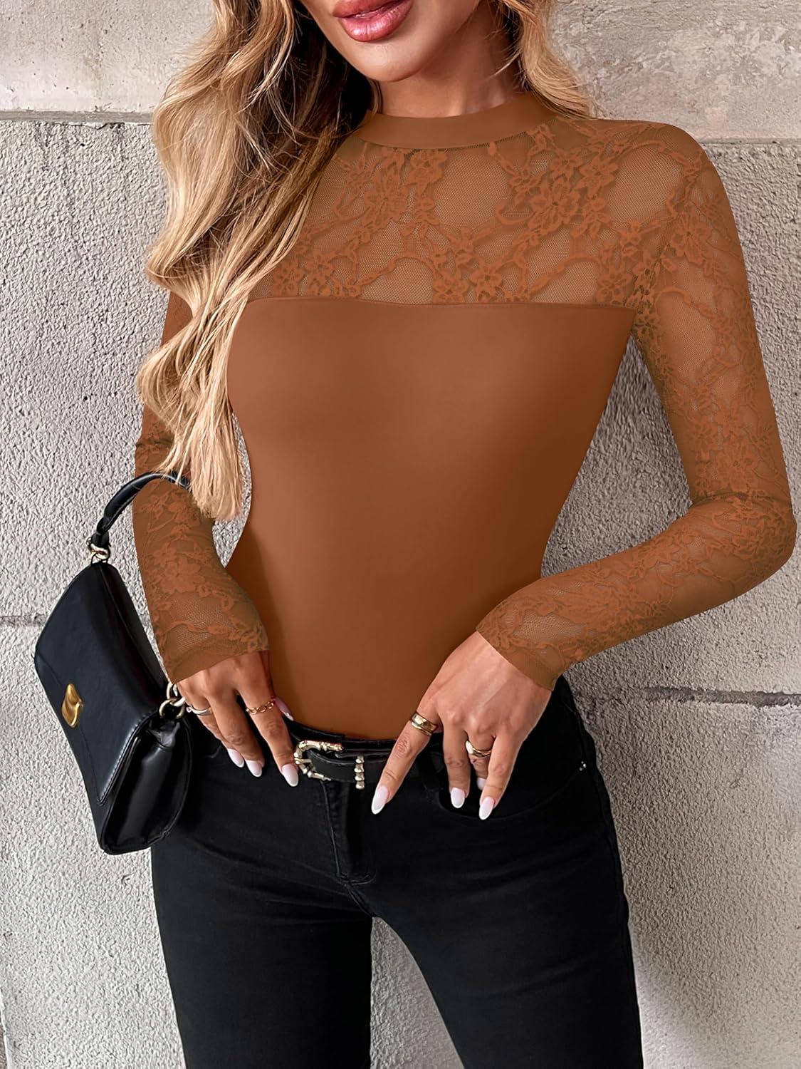 imageZeagoo Long Sleeve Shirts for Womens Lace Tops Mesh Sheer Crew Neck Shirts Sexy Spring Going Out BlouseBrown