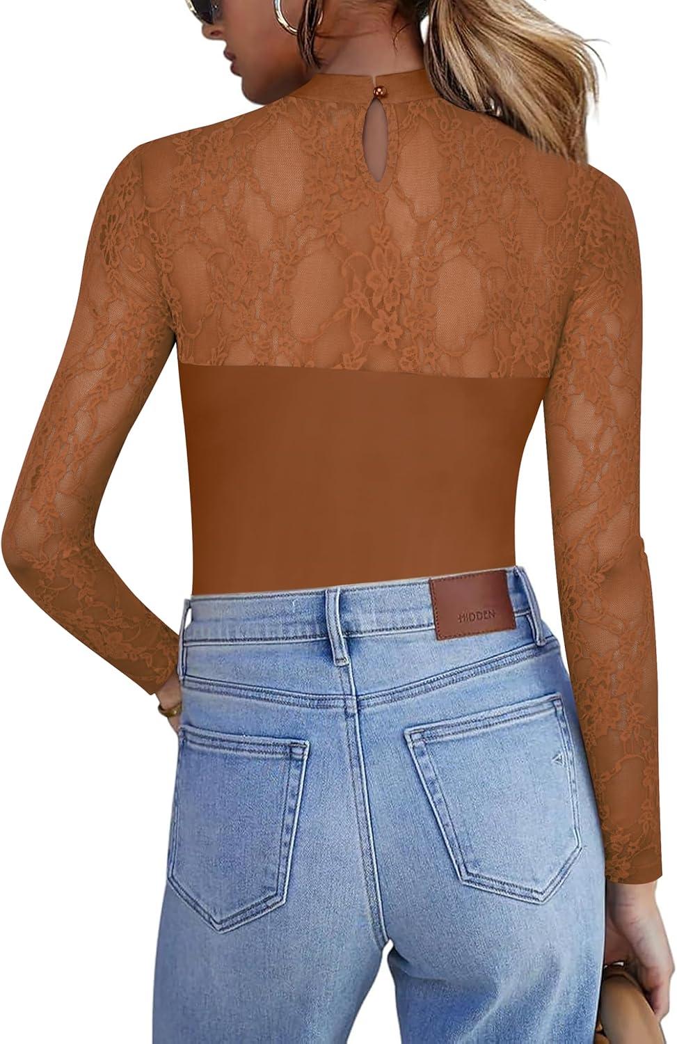 imageZeagoo Long Sleeve Shirts for Womens Lace Tops Mesh Sheer Crew Neck Shirts Sexy Spring Going Out BlouseBrown