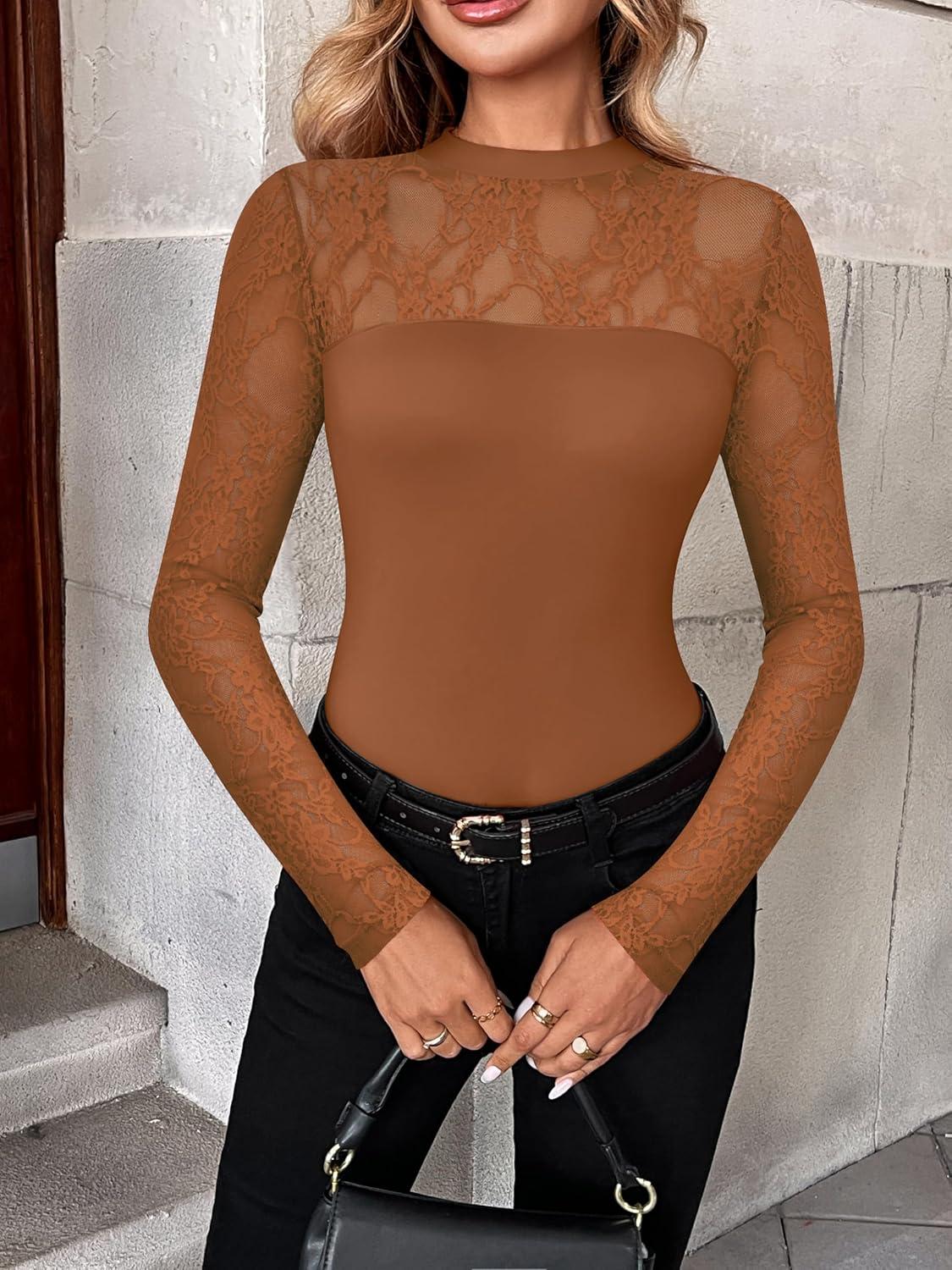 imageZeagoo Long Sleeve Shirts for Womens Lace Tops Mesh Sheer Crew Neck Shirts Sexy Spring Going Out BlouseBrown