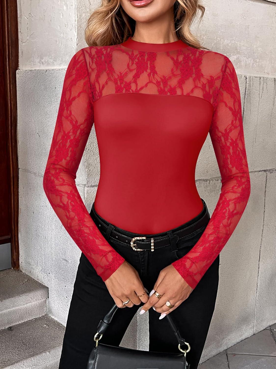 imageZeagoo Long Sleeve Shirts for Womens Lace Tops Mesh Sheer Crew Neck Shirts Sexy Spring Going Out BlouseRed