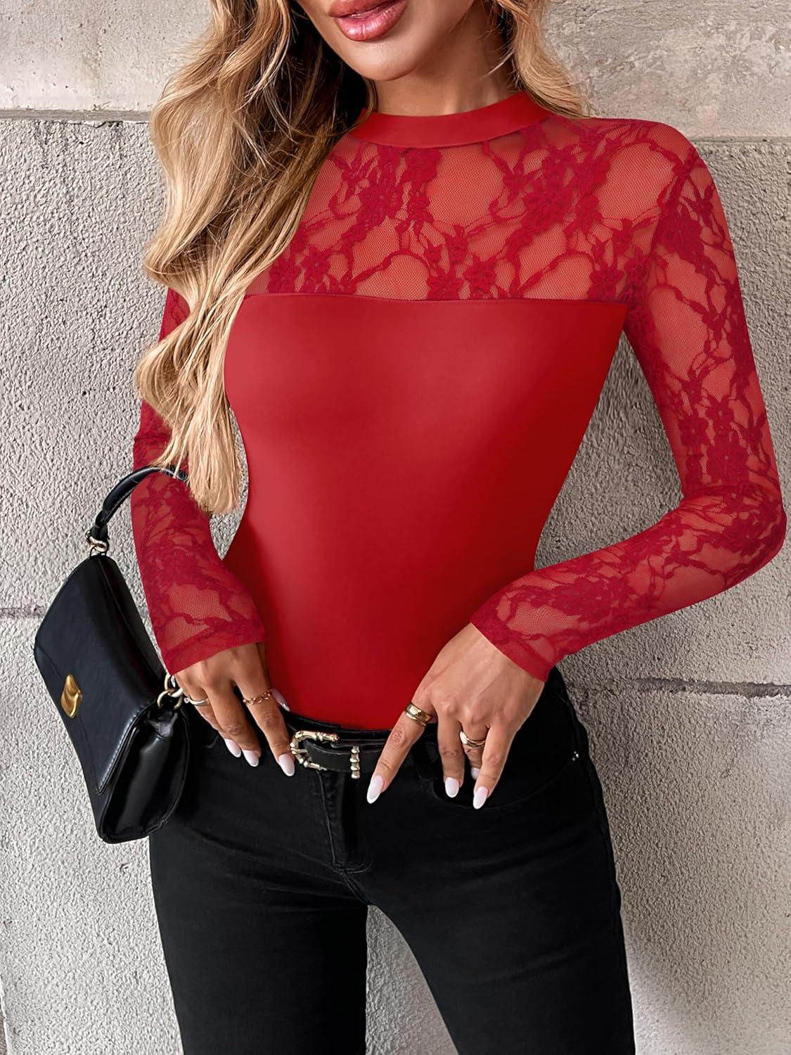 imageZeagoo Long Sleeve Shirts for Womens Lace Tops Mesh Sheer Crew Neck Shirts Sexy Spring Going Out BlouseRed