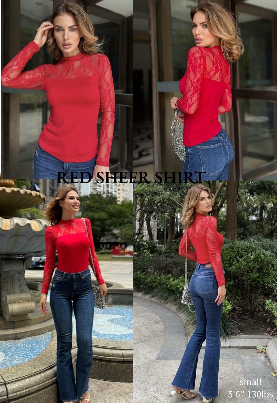 imageZeagoo Long Sleeve Shirts for Womens Lace Tops Mesh Sheer Crew Neck Shirts Sexy Spring Going Out BlouseRed