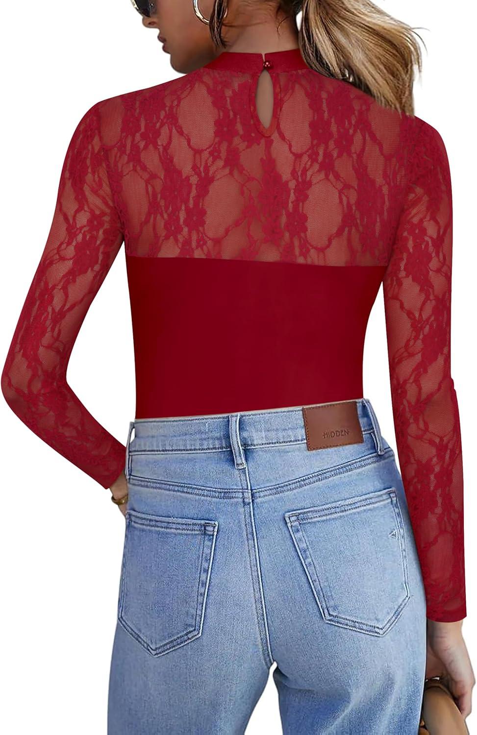 imageZeagoo Long Sleeve Shirts for Womens Lace Tops Mesh Sheer Crew Neck Shirts Sexy Spring Going Out BlouseWine Red