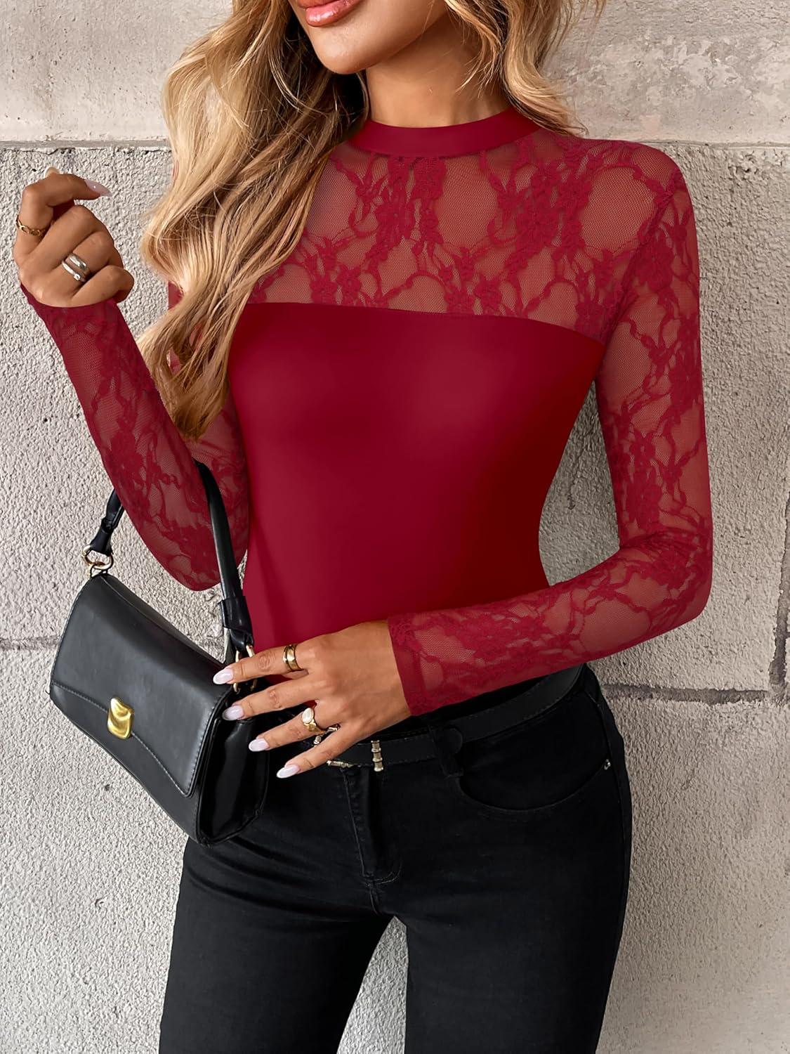 imageZeagoo Long Sleeve Shirts for Womens Lace Tops Mesh Sheer Crew Neck Shirts Sexy Spring Going Out BlouseWine Red