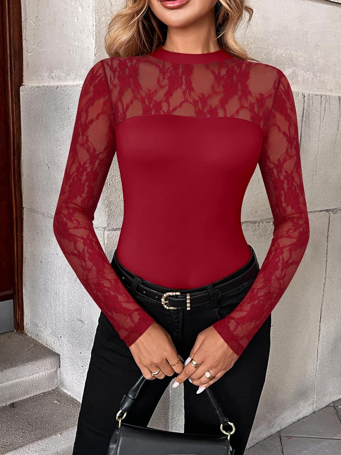 imageZeagoo Long Sleeve Shirts for Womens Lace Tops Mesh Sheer Crew Neck Shirts Sexy Spring Going Out BlouseWine Red
