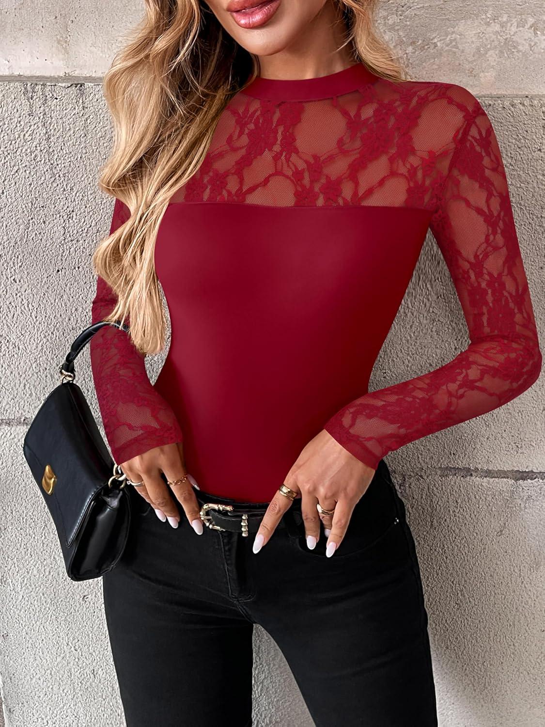 imageZeagoo Long Sleeve Shirts for Womens Lace Tops Mesh Sheer Crew Neck Shirts Sexy Spring Going Out BlouseWine Red