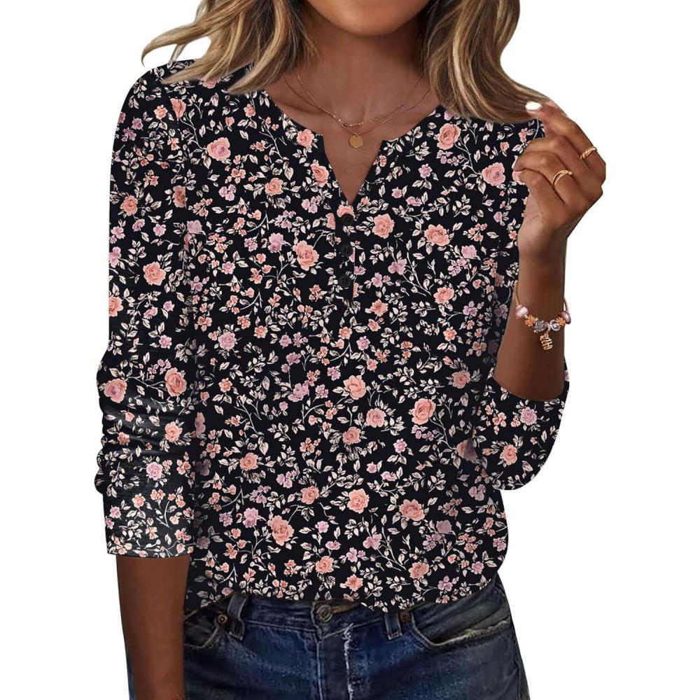 imageZeagoo Long Sleeve Shirts for Women Casual V Neck Fall Tops Dressy Summer Work Blouses ClothesFloral Black2