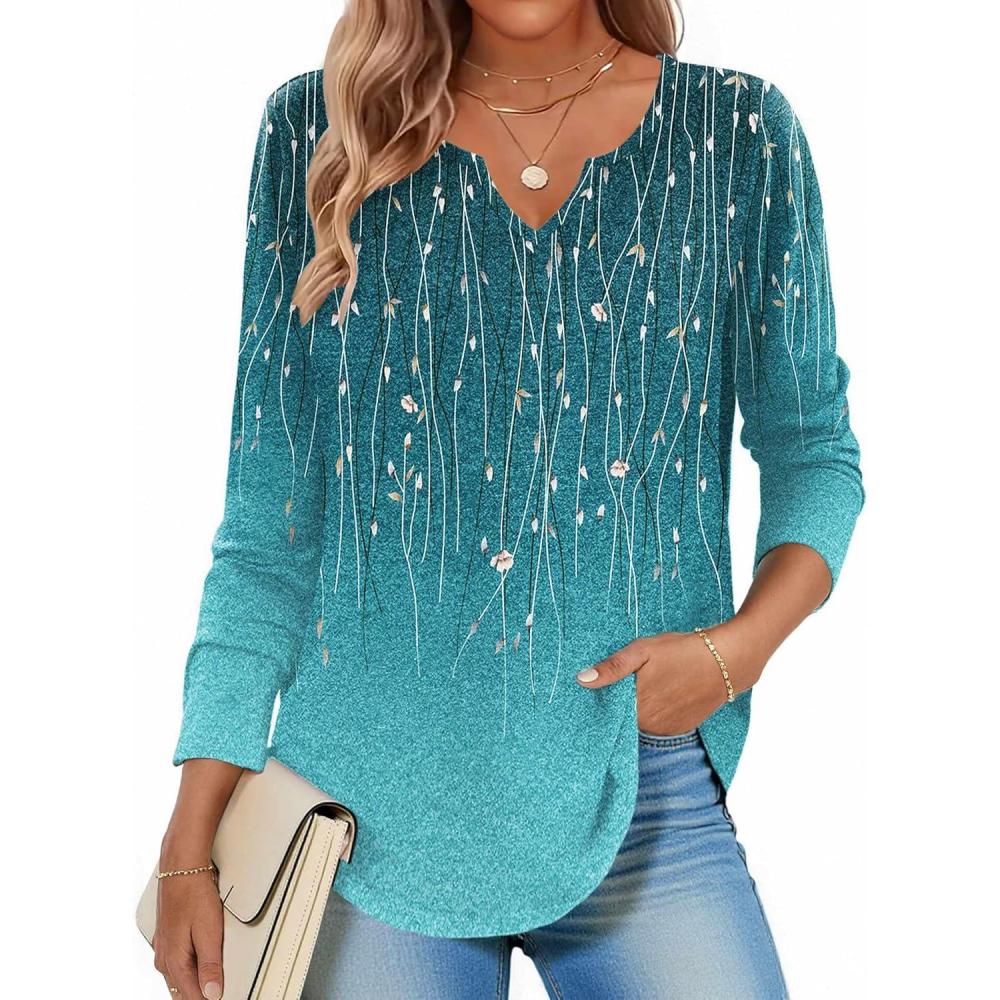 imageZeagoo Long Sleeve Shirts for Women Spring V Neck Tops Casual Dressy Blouse Boho Tunic Business Work Clothes School OutfitBlue Green Boho