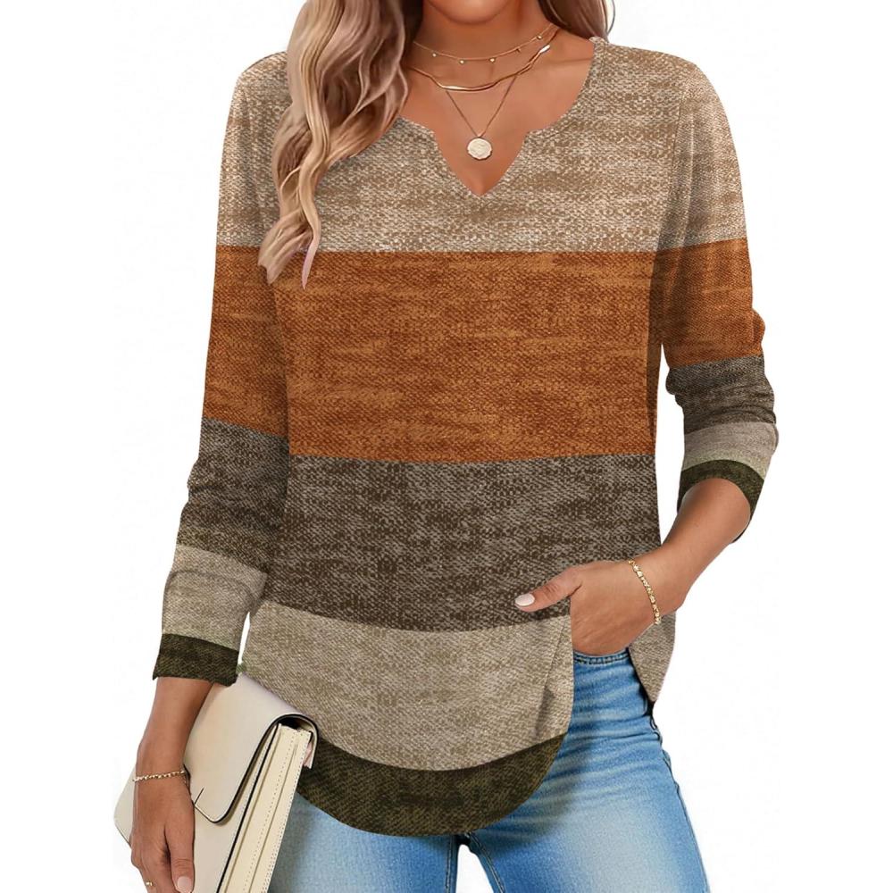 imageZeagoo Long Sleeve Shirts for Women Spring V Neck Tops Casual Dressy Blouse Boho Tunic Business Work Clothes School OutfitCaramel
