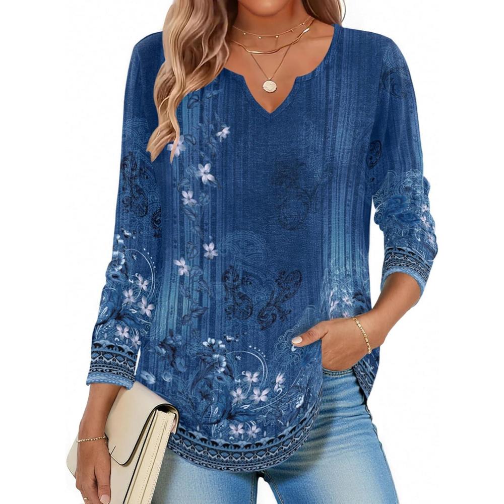 imageZeagoo Long Sleeve Shirts for Women Spring V Neck Tops Casual Dressy Blouse Boho Tunic Business Work Clothes School OutfitFloral Blue Boho