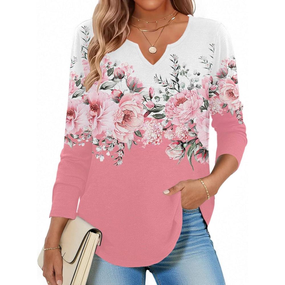 imageZeagoo Long Sleeve Shirts for Women Spring V Neck Tops Casual Dressy Blouse Boho Tunic Business Work Clothes School OutfitFloral Pink