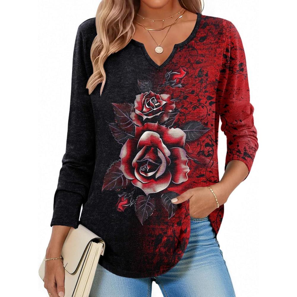 imageZeagoo Long Sleeve Shirts for Women Spring V Neck Tops Casual Dressy Blouse Boho Tunic Business Work Clothes School OutfitFloral Red Black
