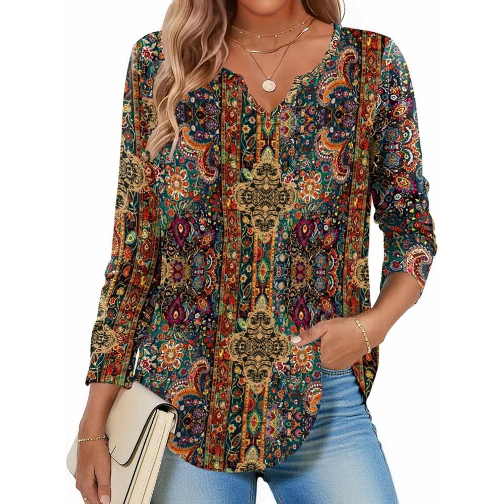 imageZeagoo Long Sleeve Shirts for Women Spring V Neck Tops Casual Dressy Blouse Boho Tunic Business Work Clothes School OutfitMz721 Boho