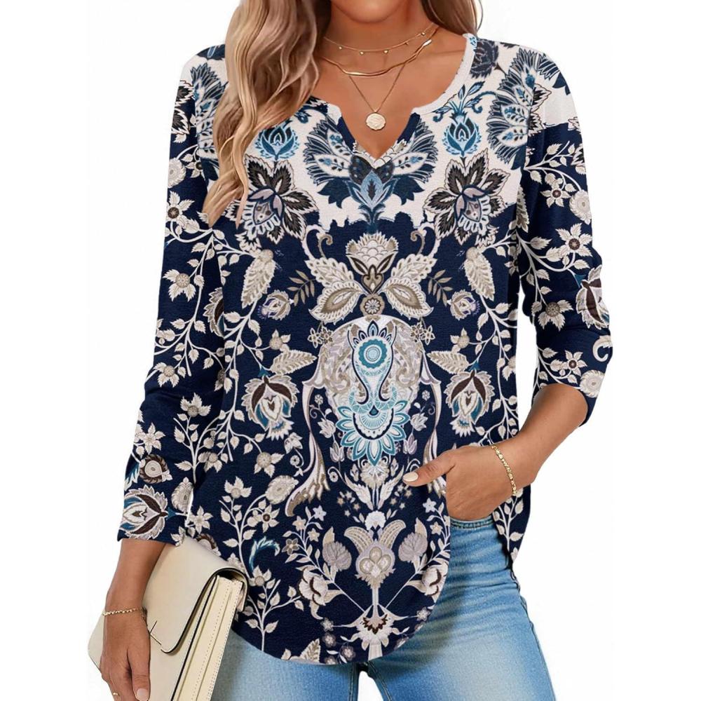 imageZeagoo Long Sleeve Shirts for Women Spring V Neck Tops Casual Dressy Blouse Boho Tunic Business Work Clothes School OutfitMz873 Boho
