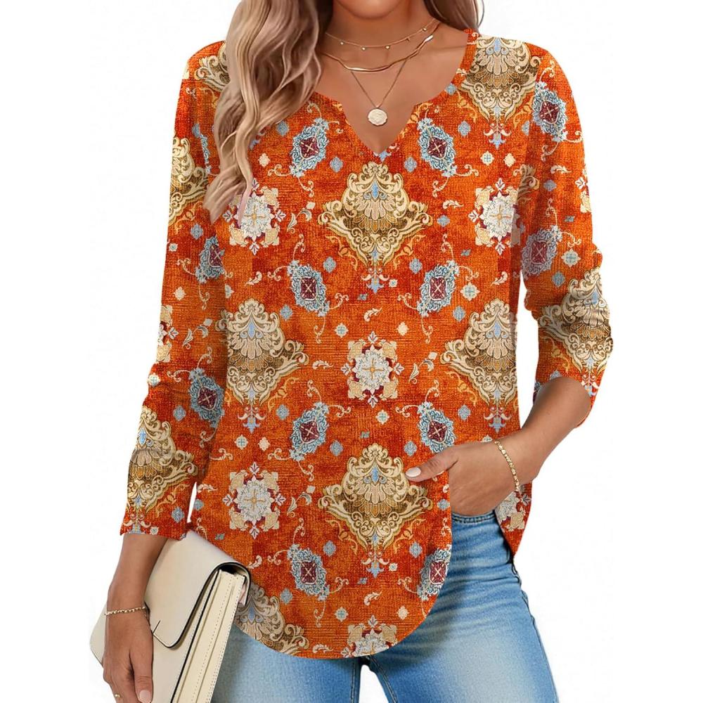 imageZeagoo Long Sleeve Shirts for Women Spring V Neck Tops Casual Dressy Blouse Boho Tunic Business Work Clothes School OutfitMz916 Orange
