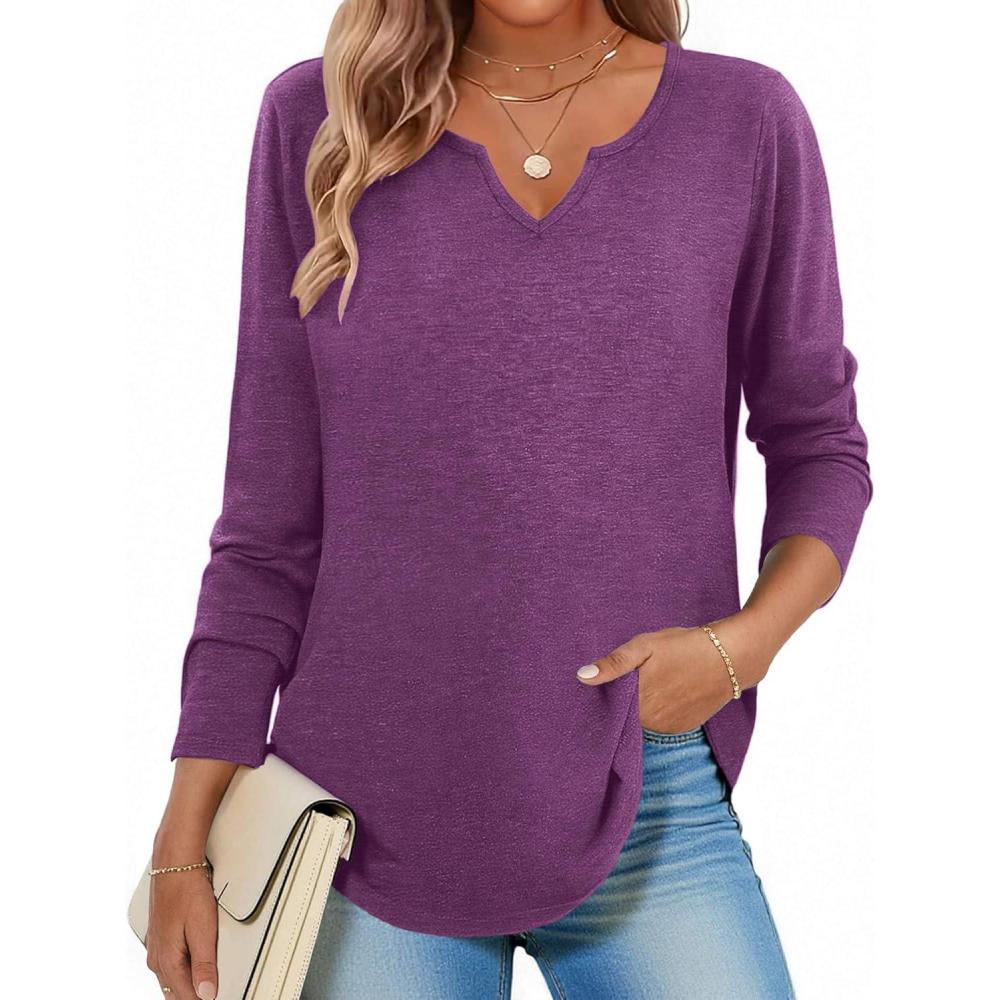 imageZeagoo Long Sleeve Shirts for Women Spring V Neck Tops Casual Dressy Blouse Boho Tunic Business Work Clothes School OutfitPurple