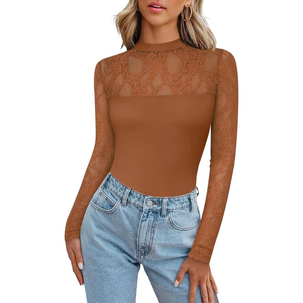 imageZeagoo Long Sleeve Shirts for Womens Lace Tops Mesh Sheer Crew Neck Shirts Sexy Spring Going Out BlouseBrown