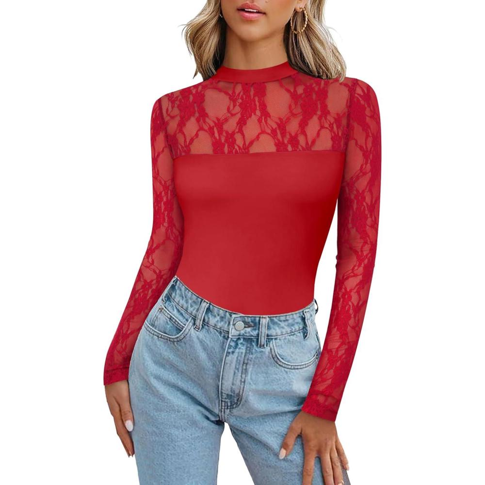 imageZeagoo Long Sleeve Shirts for Womens Lace Tops Mesh Sheer Crew Neck Shirts Sexy Spring Going Out BlouseRed