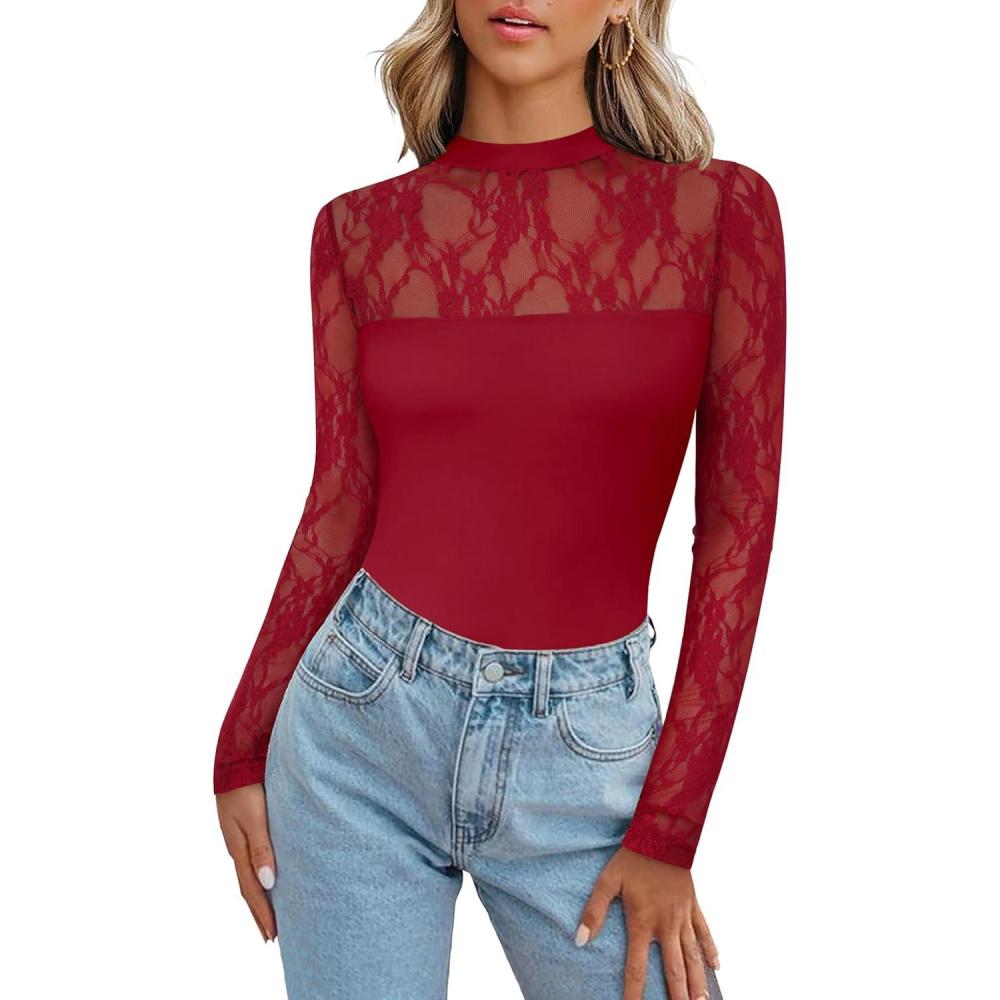 imageZeagoo Long Sleeve Shirts for Womens Lace Tops Mesh Sheer Crew Neck Shirts Sexy Spring Going Out BlouseWine Red