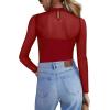 Zeagoo Long Sleeve Shirts for Women’s Lace Tops Mesh Sheer Crew Neck Shirts Sexy Spring Going Out Blouse(Red-pat2)