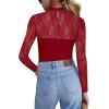 Zeagoo Long Sleeve Shirts for Women’s Lace Tops Mesh Sheer Crew Neck Shirts Sexy Spring Going Out Blouse(Wine Red)