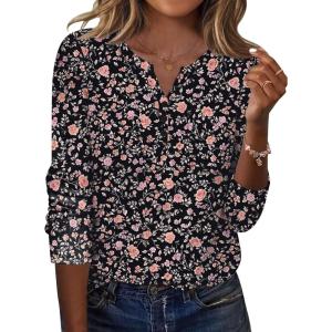 Zeagoo Long Sleeve Shirts for Women Casual V Neck Fall Tops Dressy Summer Work Blouses Clothes(Floral Black2)
