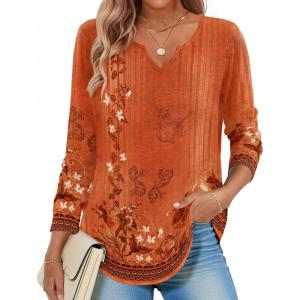 Zeagoo Long Sleeve Shirts for Women Spring V Neck Tops Casual Dressy Blouse Boho Tunic Business Work Clothes School Outfit(Floral Orange Boho)