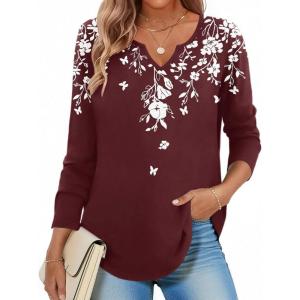 Zeagoo Long Sleeve Shirts for Women Spring V Neck Tops Casual Dressy Blouse Boho Tunic Business Work Clothes School Outfit(Floral Wine)