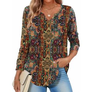 Zeagoo Long Sleeve Shirts for Women Spring V Neck Tops Casual Dressy Blouse Boho Tunic Business Work Clothes School Outfit(Mz721 Boho)