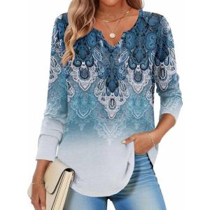 Zeagoo Long Sleeve Shirts for Women Spring V Neck Tops Casual Dressy Blouse Boho Tunic Business Work Clothes School Outfit(Mz837 Boho)