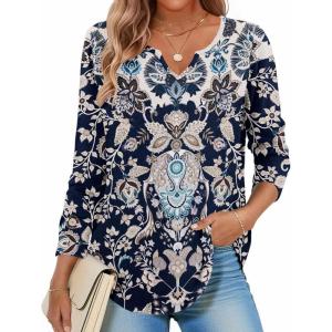 Zeagoo Long Sleeve Shirts for Women Spring V Neck Tops Casual Dressy Blouse Boho Tunic Business Work Clothes School Outfit(Mz873 Boho)