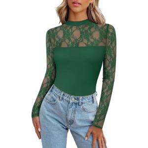 Zeagoo Long Sleeve Shirts for Women’s Lace Tops Mesh Sheer Crew Neck Shirts Sexy Spring Going Out Blouse(Green)