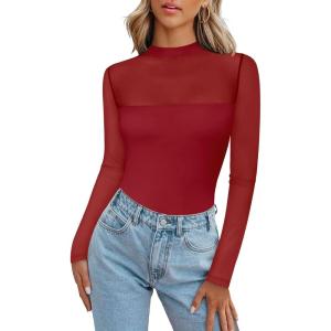 Zeagoo Long Sleeve Shirts for Women’s Lace Tops Mesh Sheer Crew Neck Shirts Sexy Spring Going Out Blouse(Red-pat2)