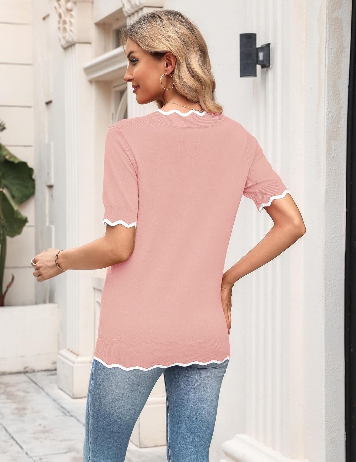 imageZeagoo Womens Short Sleeve Sweater 2026 Spring Summer V Neck Lightweight Tops Dressy Blouses Business Casual OutfitsPink