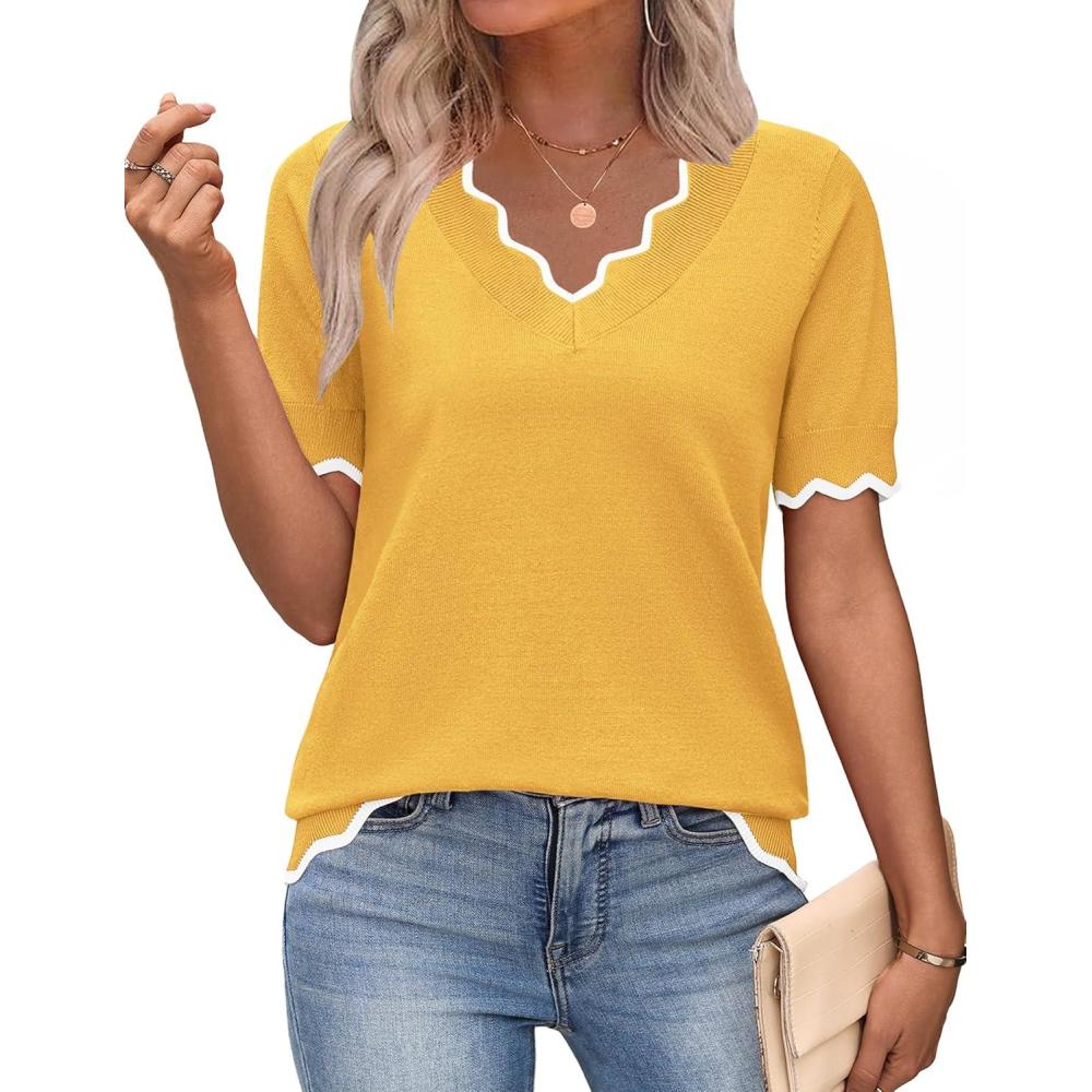 imageZeagoo Womens Short Sleeve Sweater 2026 Spring Summer V Neck Lightweight Tops Dressy Blouses Business Casual OutfitsYellow